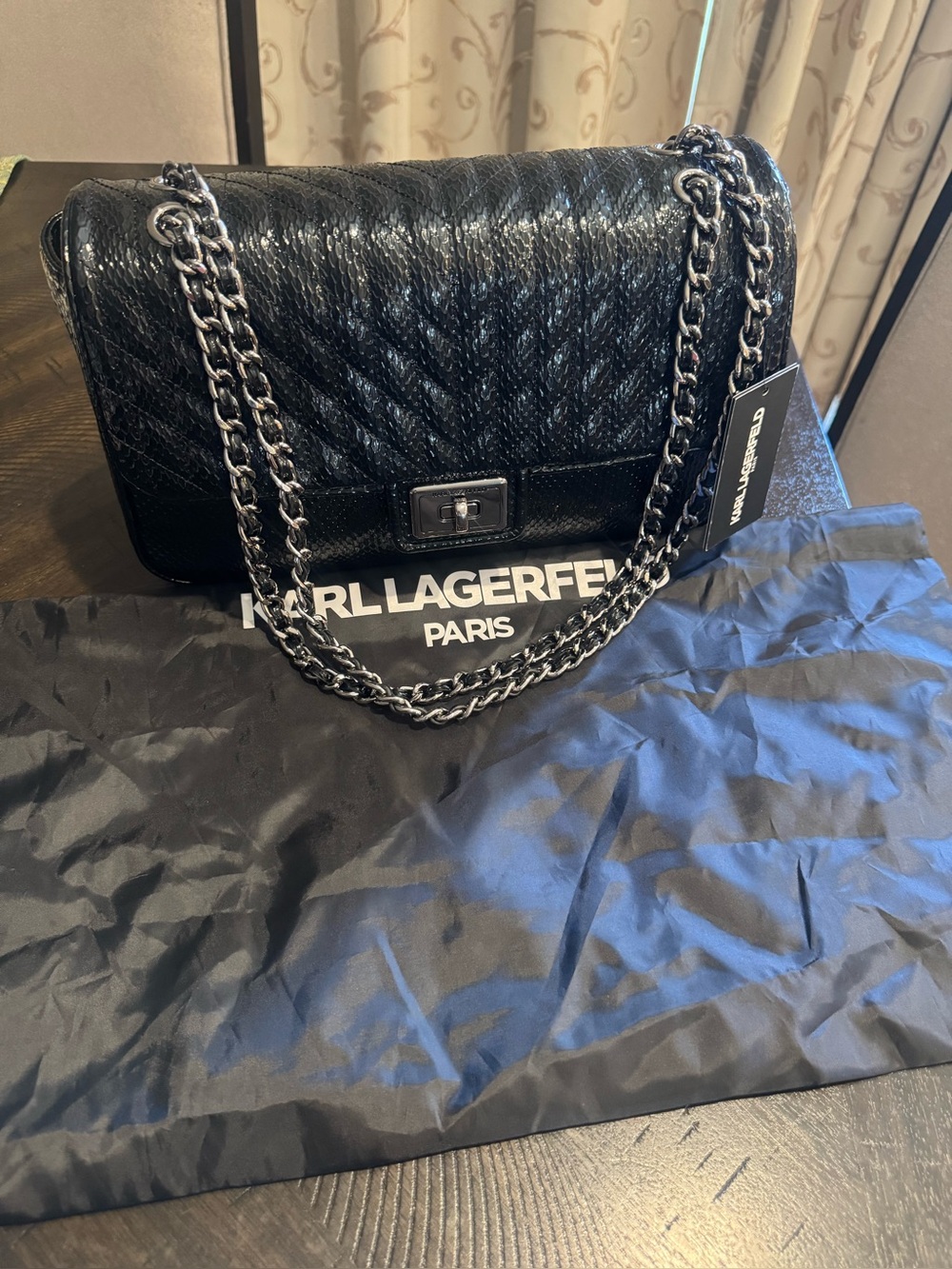 Karl Lagerfeld Black Quilted Chain Shoulder Bag with Silver Hardware